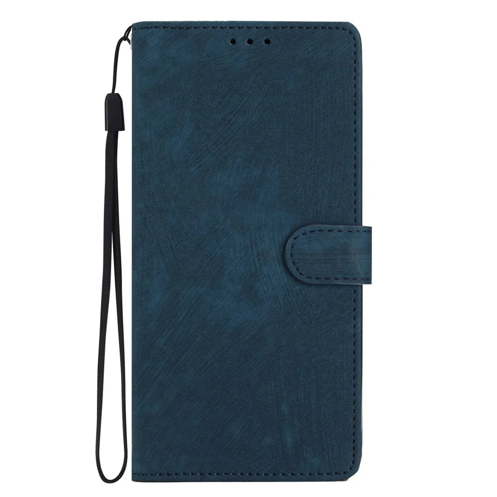Solid Color Shell for iPhone 13 Pro Max 6.7 inch Skin-touch PU Leather Stand Wallet Phone Case - Blue - 7