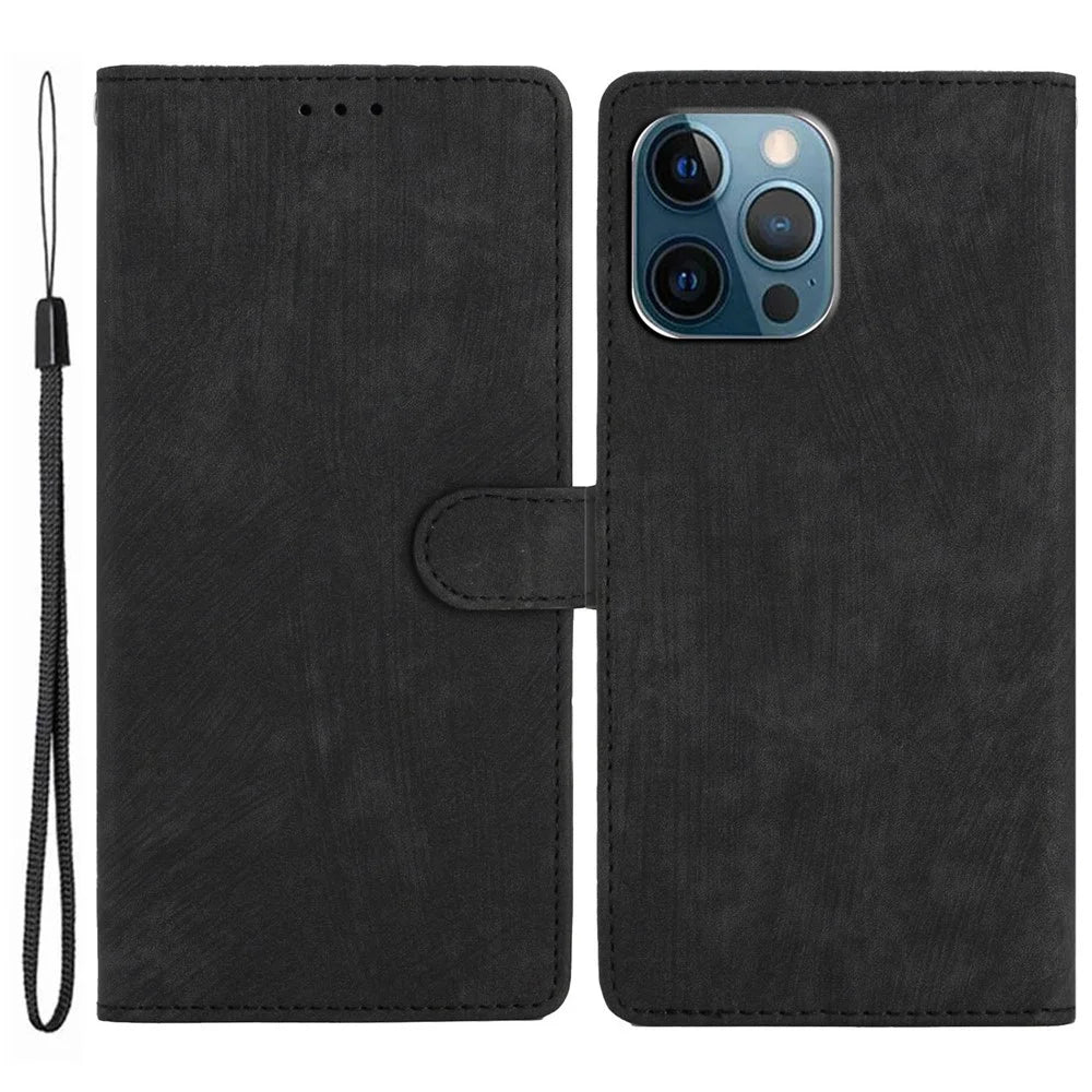 Skin-touch Wallet Shell for iPhone 13 Pro 6.1 inch Solid Color PU Leather Anti-collision Stand Phone Case - Black - 1