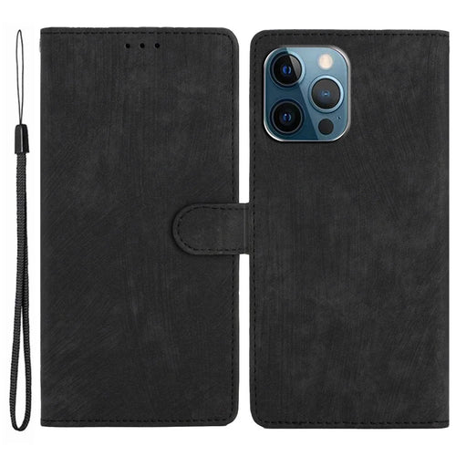 Skin-touch Wallet Shell for iPhone 13 Pro 6.1 inch Solid Color PU Leather Anti-collision Stand Phone Case - Black - 1