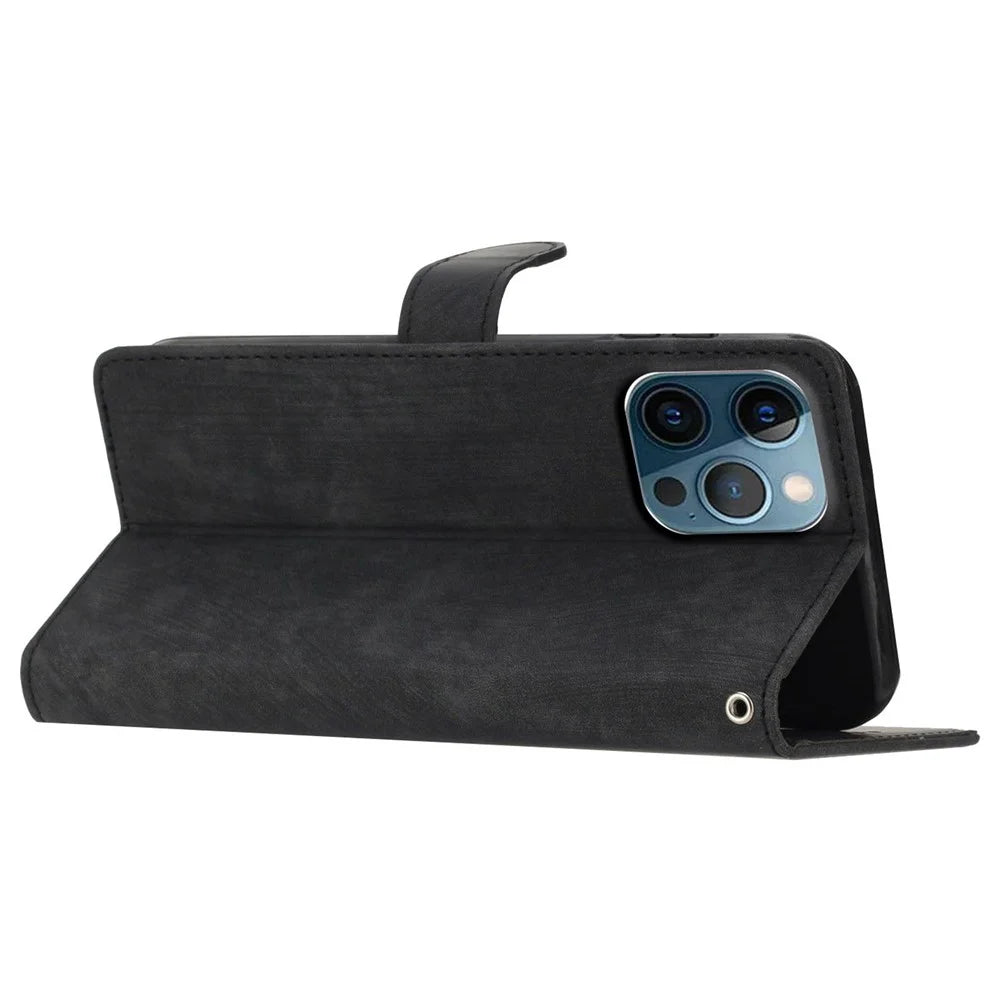 Skin-touch Wallet Shell for iPhone 13 Pro 6.1 inch Solid Color PU Leather Anti-collision Stand Phone Case - Black - 3