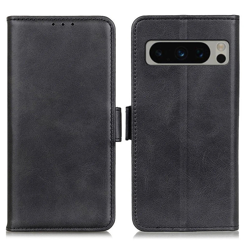 For Google Pixel 8 Pro Protective Wallet Case Cowhide Texture Leather Stand Shockproof Phone Cover - Black - 1