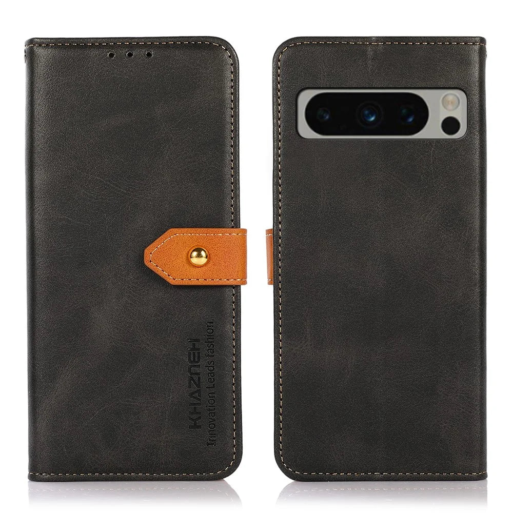 KHAZNEH Phone Leather Cover for Google Pixel 8 Pro Gold Button Magnetic Case with Stand Wallet - Black - 1