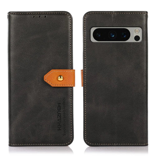 KHAZNEH Phone Leather Cover for Google Pixel 8 Pro Gold Button Magnetic Case with Stand Wallet - Black - 1