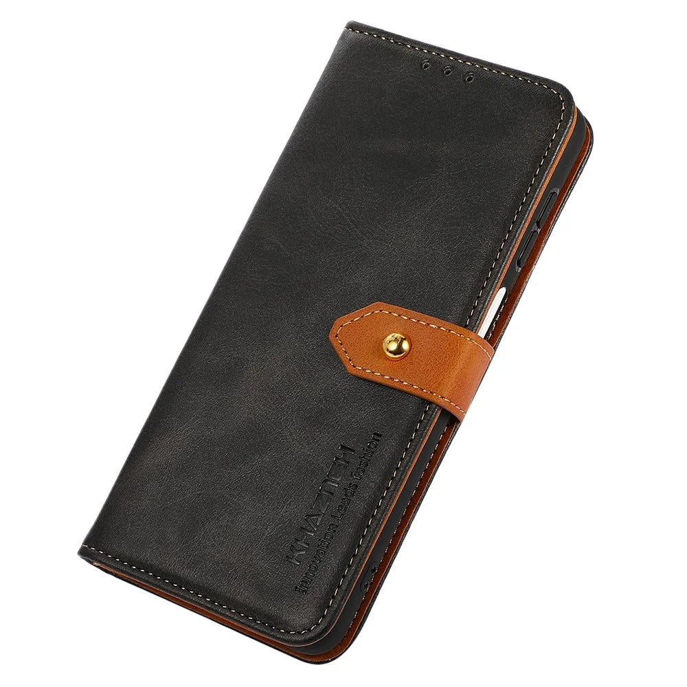 KHAZNEH Phone Leather Cover for Google Pixel 8 Pro Gold Button Magnetic Case with Stand Wallet - Black - 5