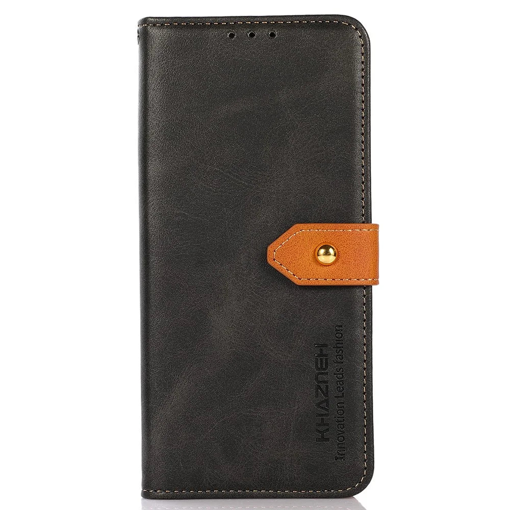 KHAZNEH Phone Leather Cover for Google Pixel 8 Pro Gold Button Magnetic Case with Stand Wallet - Black - 6