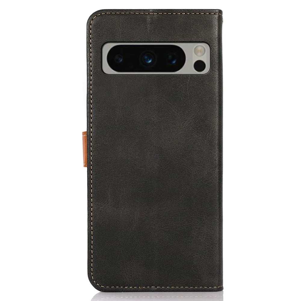 KHAZNEH Phone Leather Cover for Google Pixel 8 Pro Gold Button Magnetic Case with Stand Wallet - Black - 7