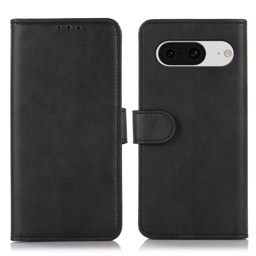 PU Leather Phone Case for Google Pixel 8 , Cowhide Texture Protective Cover with Stand Wallet - Black - 1