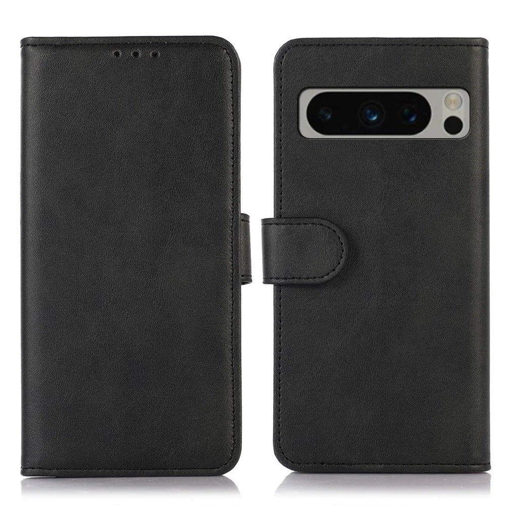 PU Leather Phone Case for Google Pixel 8 Pro , Cowhide Texture Cellphone Cover with Stand Wallet - Black - 1