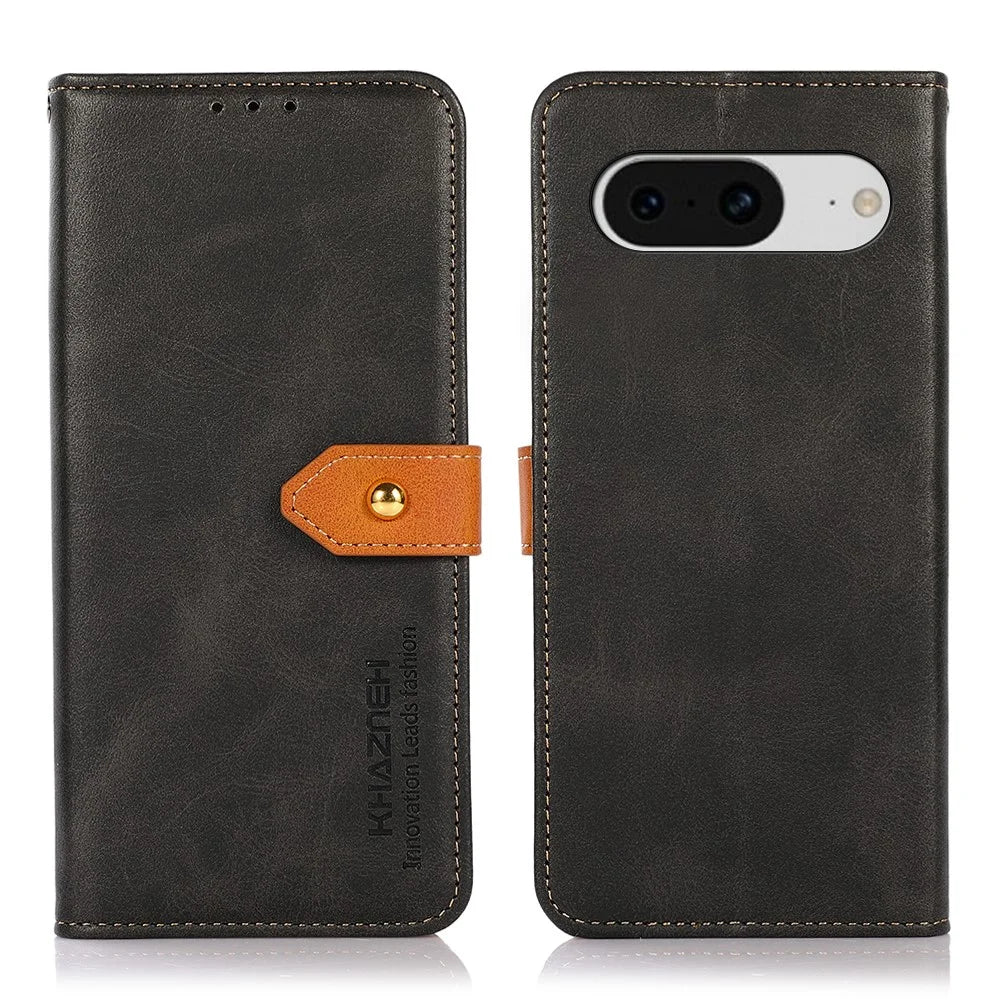 KHAZNEH For Google Pixel 8 PU Leather Phone Cover Gold Button Magnetic Case with Stand Wallet - Black - 1