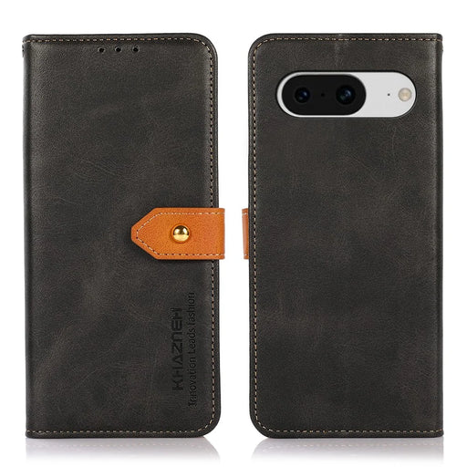 KHAZNEH For Google Pixel 8 PU Leather Phone Cover Gold Button Magnetic Case with Stand Wallet - Black - 1