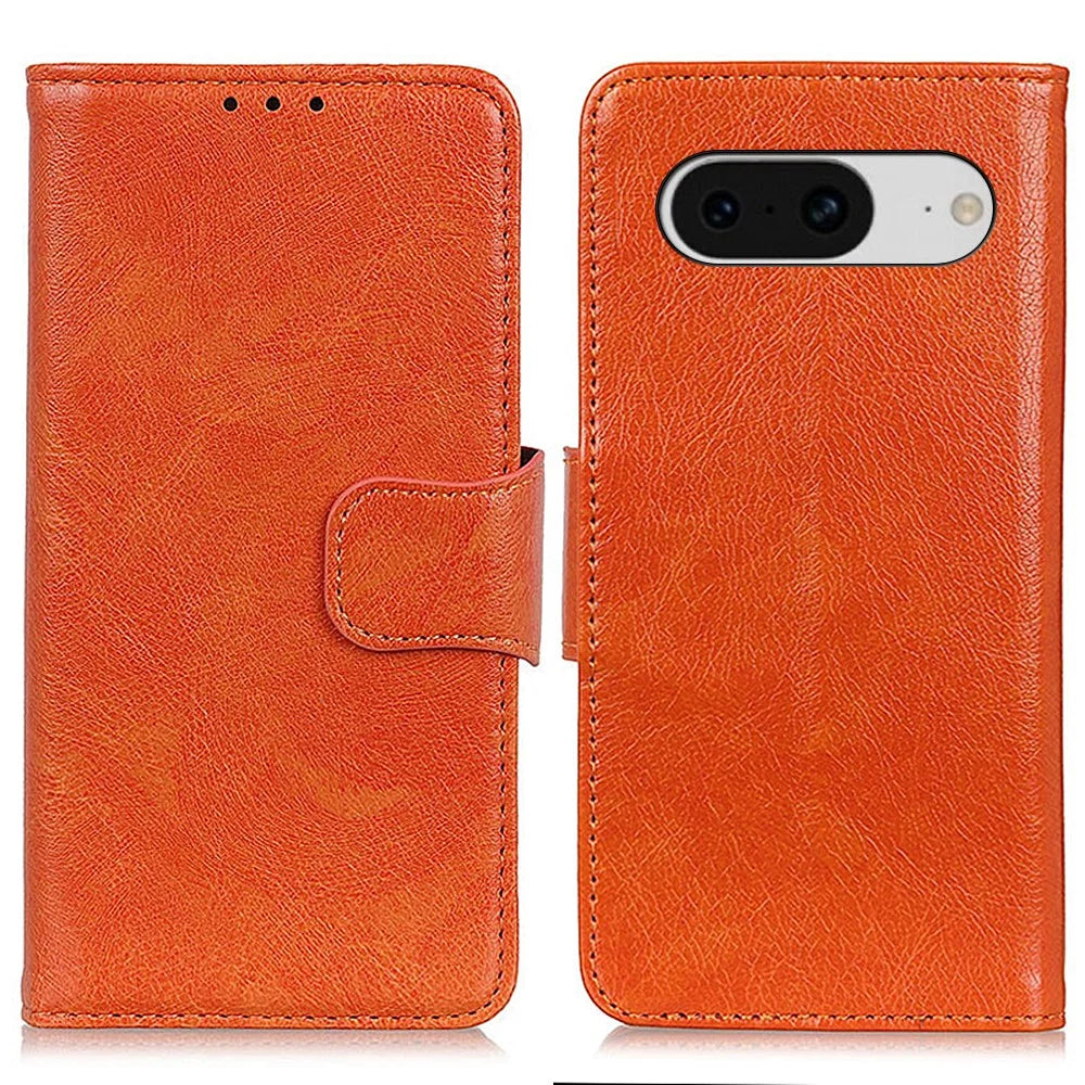 Stand Shell for Google Pixel 8 Split Leather Phone Case Nappa Texture Wallet Cover - Orange - 1
