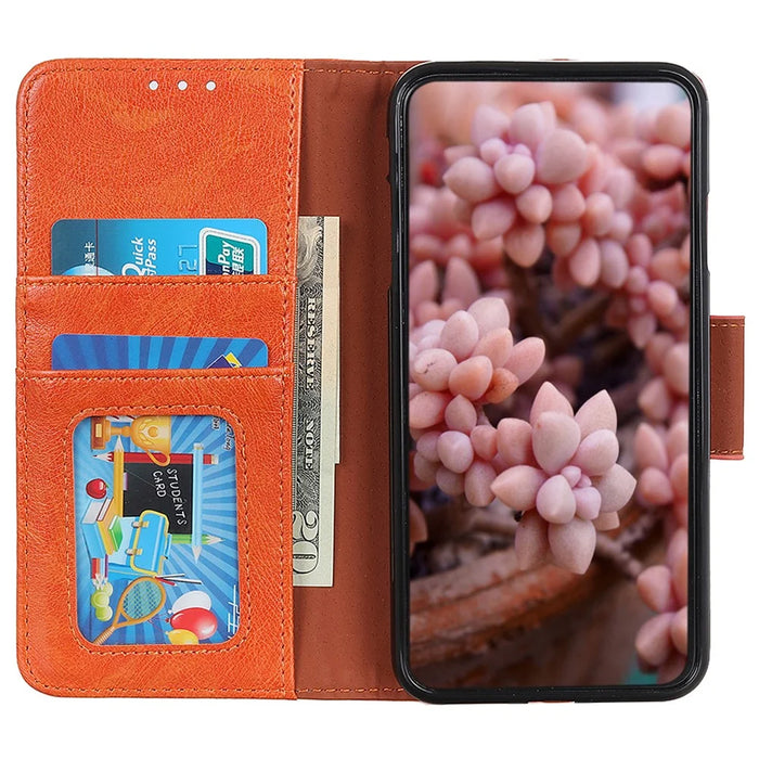 Stand Shell for Google Pixel 8 Split Leather Phone Case Nappa Texture Wallet Cover - Orange - 3