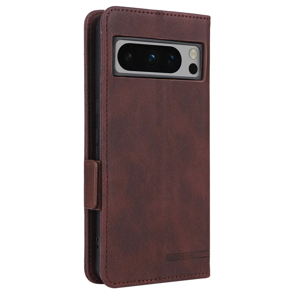 For Google Pixel 8 Pro Anti-scratch Wallet Stand Cover Hardware Decor PU Leather Phone Case - Coffee - 6