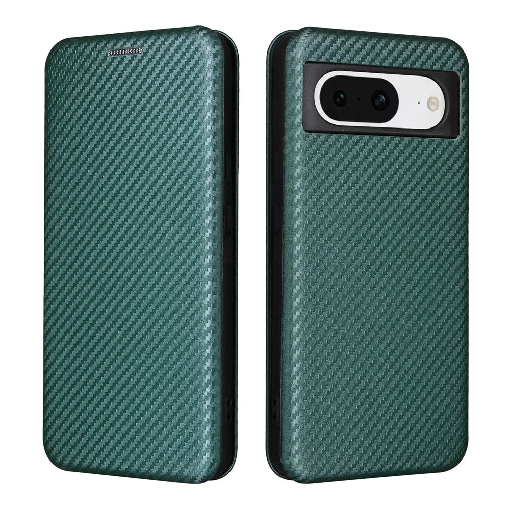 For Google Pixel 8 Carbon Fiber Texture Card Holder PU Leather Phone Case Flip Folio Stand Phone Cover - Green - 1