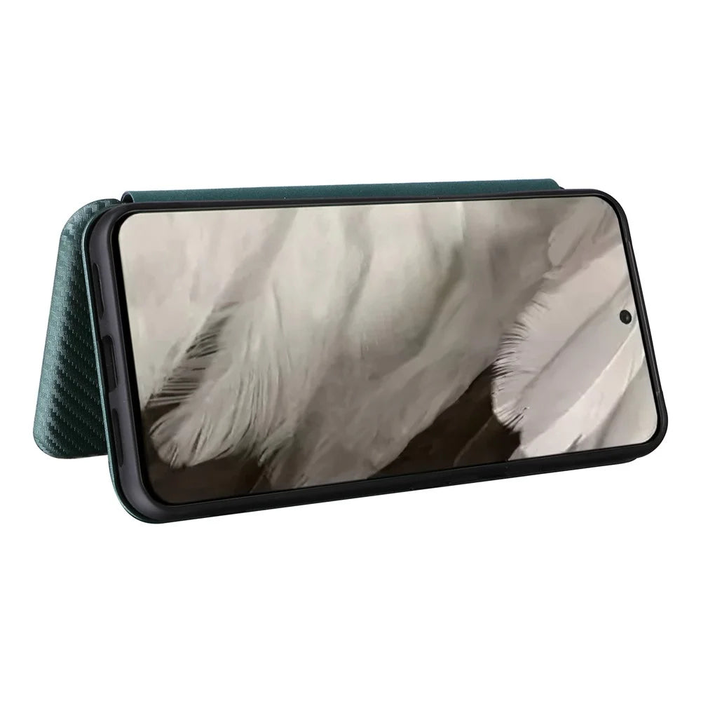 For Google Pixel 8 Carbon Fiber Texture Card Holder PU Leather Phone Case Flip Folio Stand Phone Cover - Green - 3