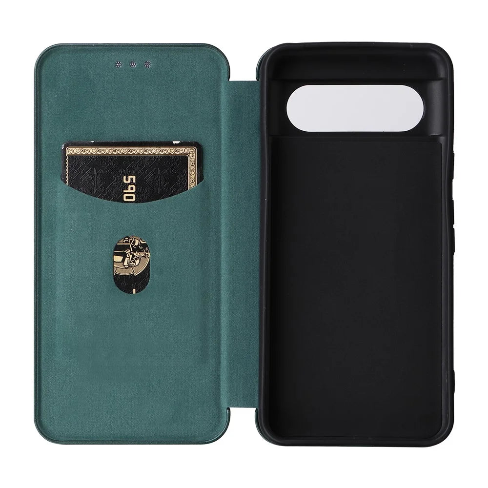 For Google Pixel 8 Carbon Fiber Texture Card Holder PU Leather Phone Case Flip Folio Stand Phone Cover - Green - 5