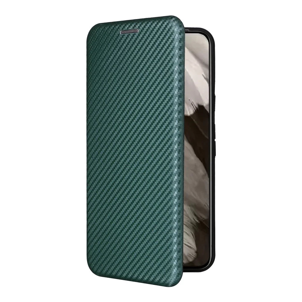 For Google Pixel 8 Carbon Fiber Texture Card Holder PU Leather Phone Case Flip Folio Stand Phone Cover - Green - 6