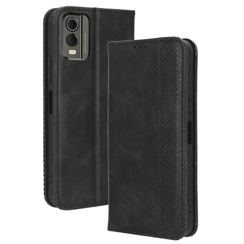For Nokia C32 Retro Texture PU Leather Wallet Cell Phone Case Folio Stand Protective Cover - Black - 1
