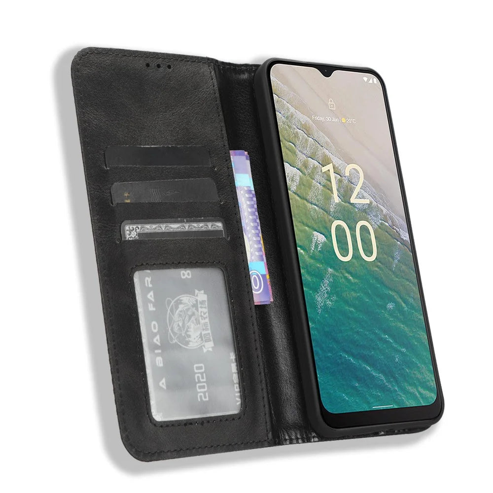 For Nokia C32 Retro Texture PU Leather Wallet Cell Phone Case Folio Stand Protective Cover - Black - 3