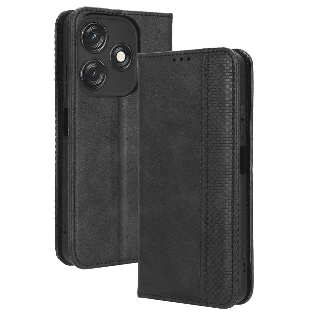 For TECNO Spark 10C 4G Wallet Phone Case Anti-Dust Stand PU Leather Protective Cover with Retro Texture - Black - 1