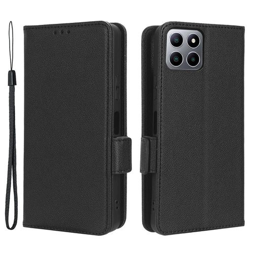 For Boost Mobile Celero 5G+ PU Leather Wallet Litchi Texture Protective Case Stand Phone Cover with Strap - Black - 1
