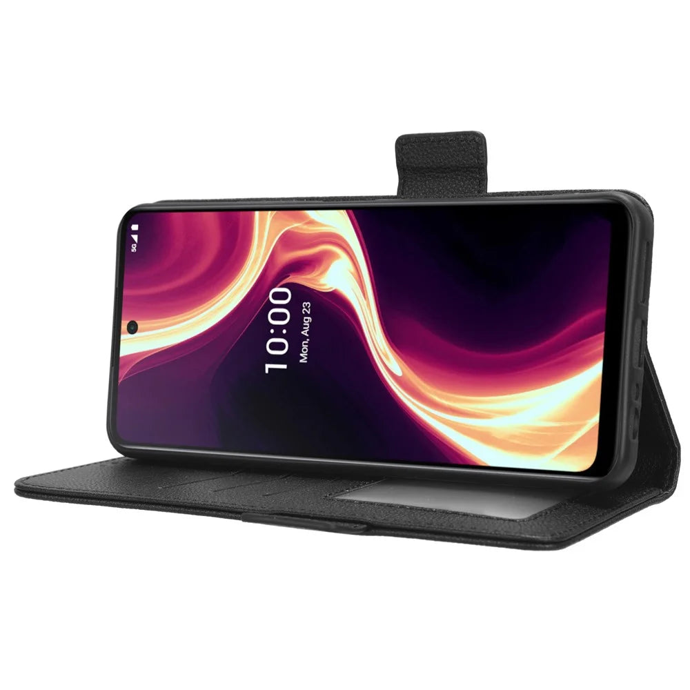 For Boost Mobile Celero 5G+ PU Leather Wallet Litchi Texture Protective Case Stand Phone Cover with Strap - Black - 3