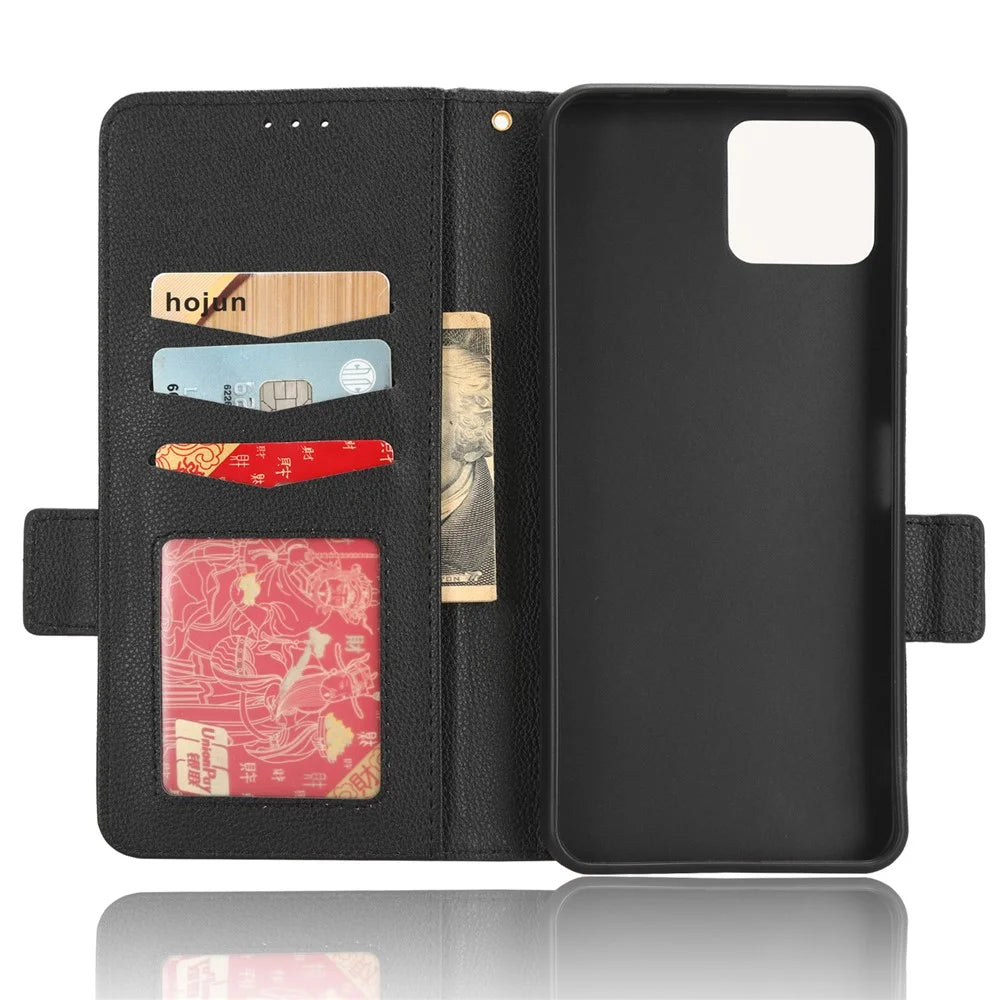 For Boost Mobile Celero 5G+ PU Leather Wallet Litchi Texture Protective Case Stand Phone Cover with Strap - Black - 4
