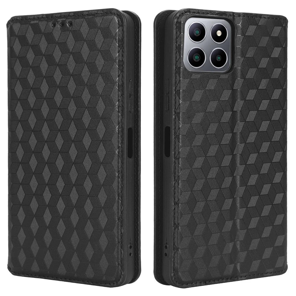 For Boost Mobile Celero 5G+ Phone Leather Case Rhombus Imprinted Cover with Stand Wallet - Black - 1