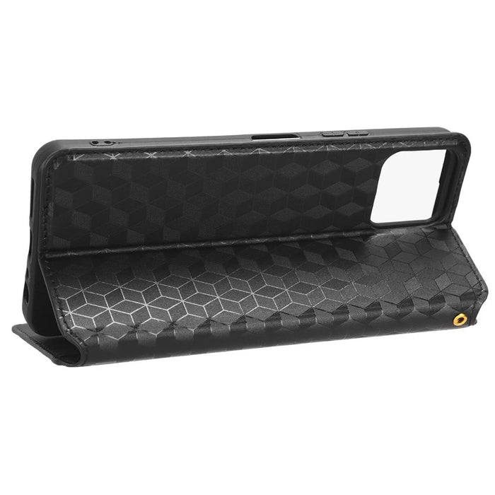 For Boost Mobile Celero 5G+ Phone Leather Case Rhombus Imprinted Cover with Stand Wallet - Black - 4