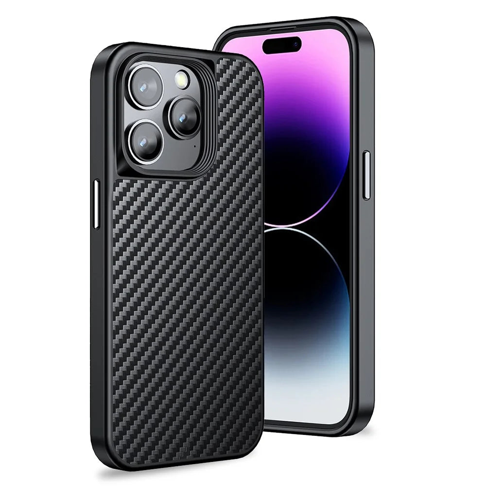 Magnetic Phone Case for iPhone 14 Pro , Anti-Scratch Aramid Fiber + TPU Carbon Fiber Texture Back Cover - Black - 1