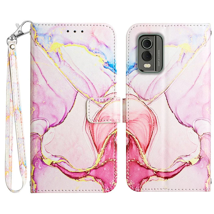 For Nokia C32 (TA-1534) Case with Strap Marble Pattern Leather Phone Cover Card Holder - Rose Gold LS005 - 1