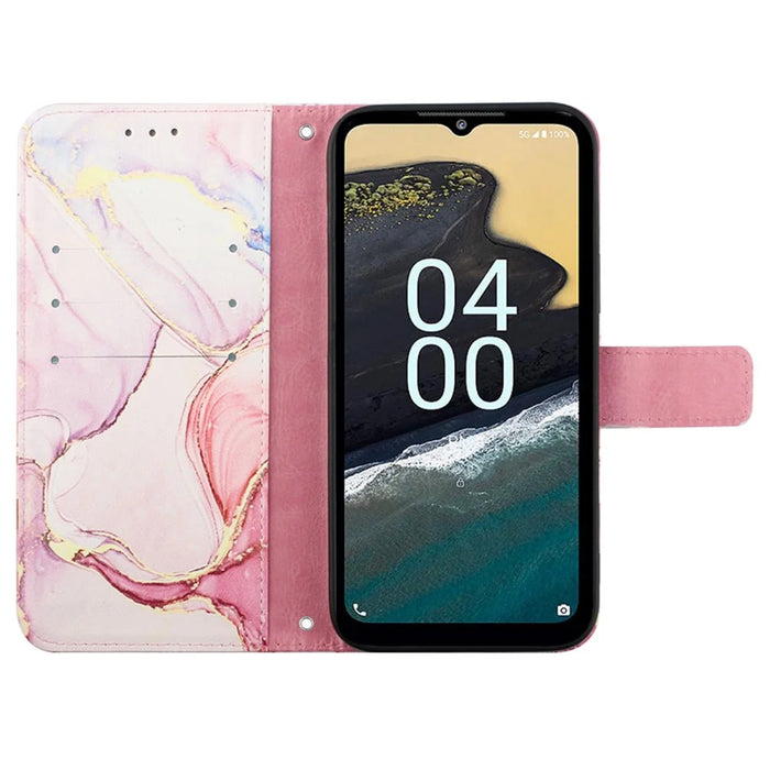 For Nokia C32 (TA-1534) Case with Strap Marble Pattern Leather Phone Cover Card Holder - Rose Gold LS005 - 2