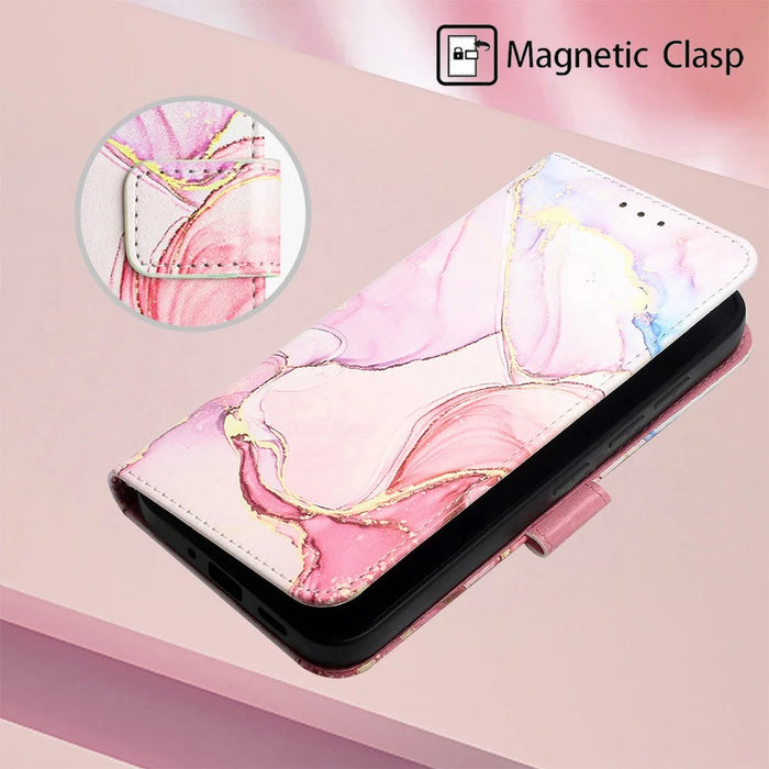 For Nokia C32 (TA-1534) Case with Strap Marble Pattern Leather Phone Cover Card Holder - Rose Gold LS005 - 5