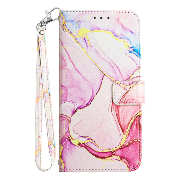 For Nokia C32 (TA-1534) Case with Strap Marble Pattern Leather Phone Cover Card Holder - Rose Gold LS005 - 6