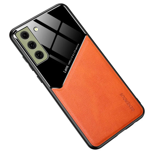 For Samsung Galaxy S21 FE 5G Leather Coated TPU + PC Case Phone Cover with Car Mount Metal Sheet - Orange - 1