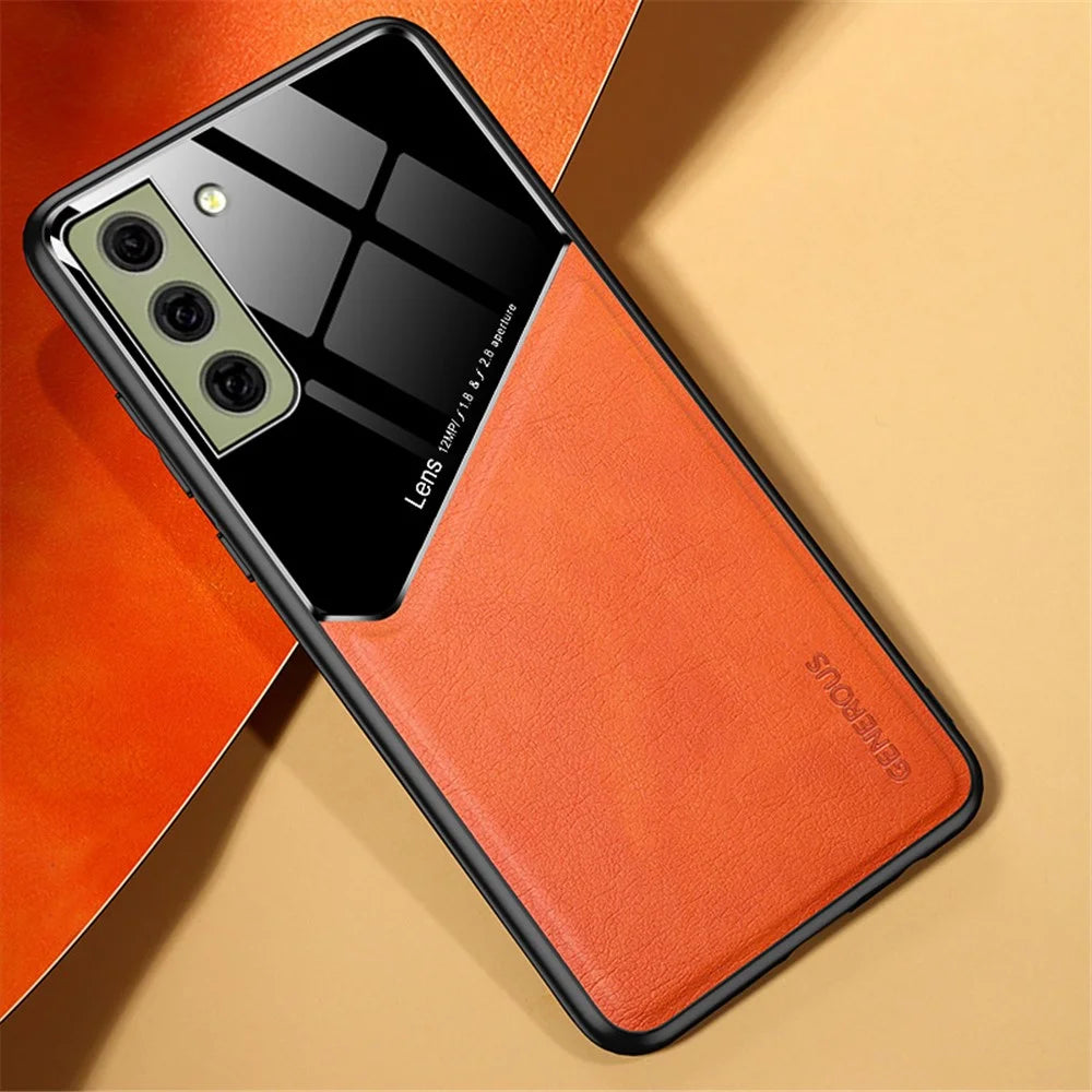 For Samsung Galaxy S21 FE 5G Leather Coated TPU + PC Case Phone Cover with Car Mount Metal Sheet - Orange - 2