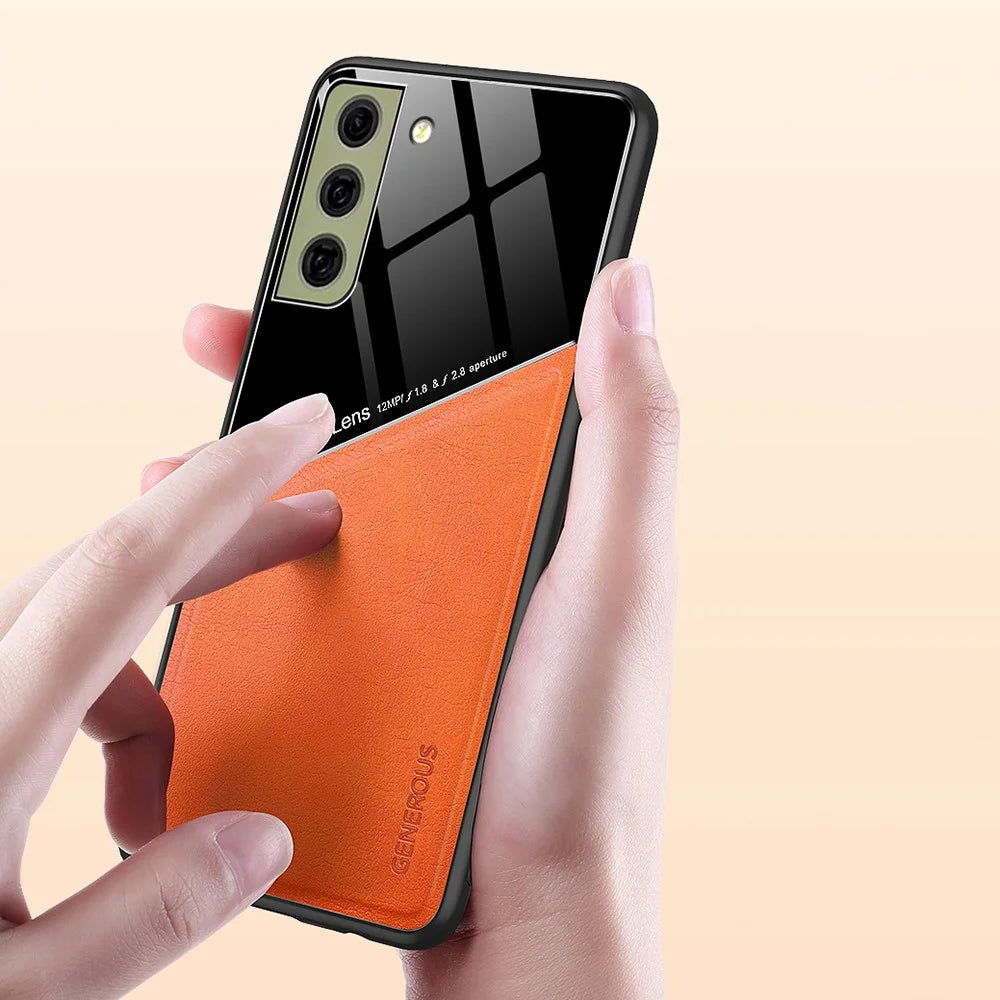 For Samsung Galaxy S21 FE 5G Leather Coated TPU + PC Case Phone Cover with Car Mount Metal Sheet - Orange - 3