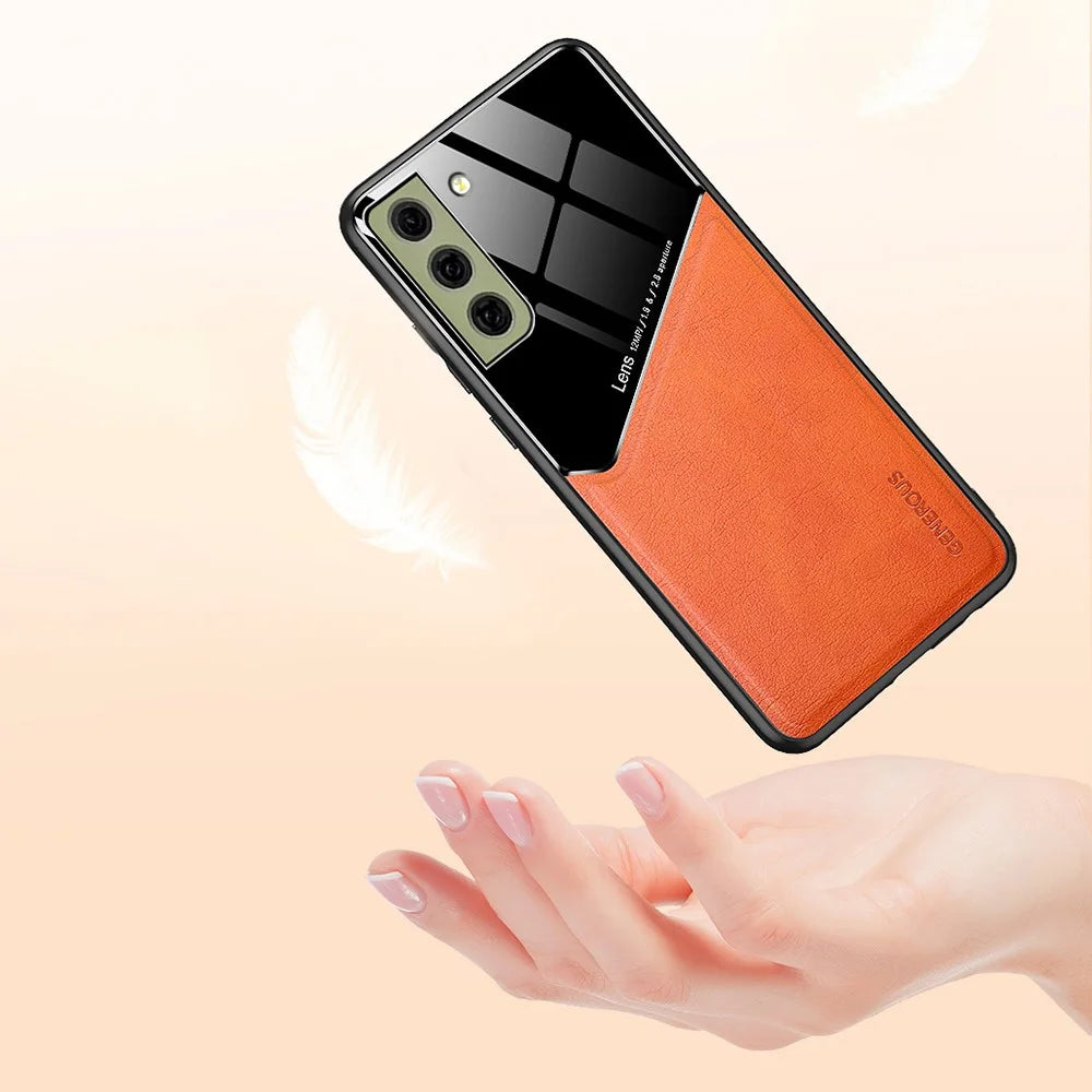 For Samsung Galaxy S21 FE 5G Leather Coated TPU + PC Case Phone Cover with Car Mount Metal Sheet - Orange - 4