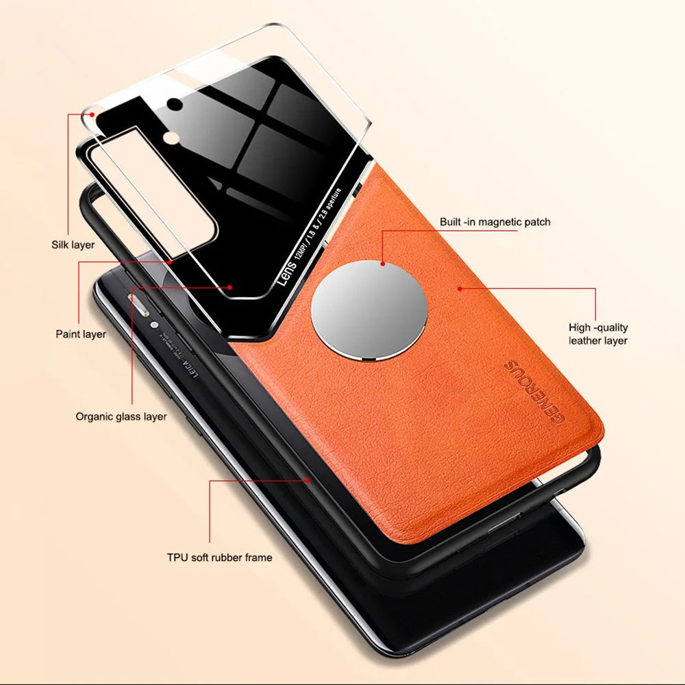 For Samsung Galaxy S21 FE 5G Leather Coated TPU + PC Case Phone Cover with Car Mount Metal Sheet - Orange - 5