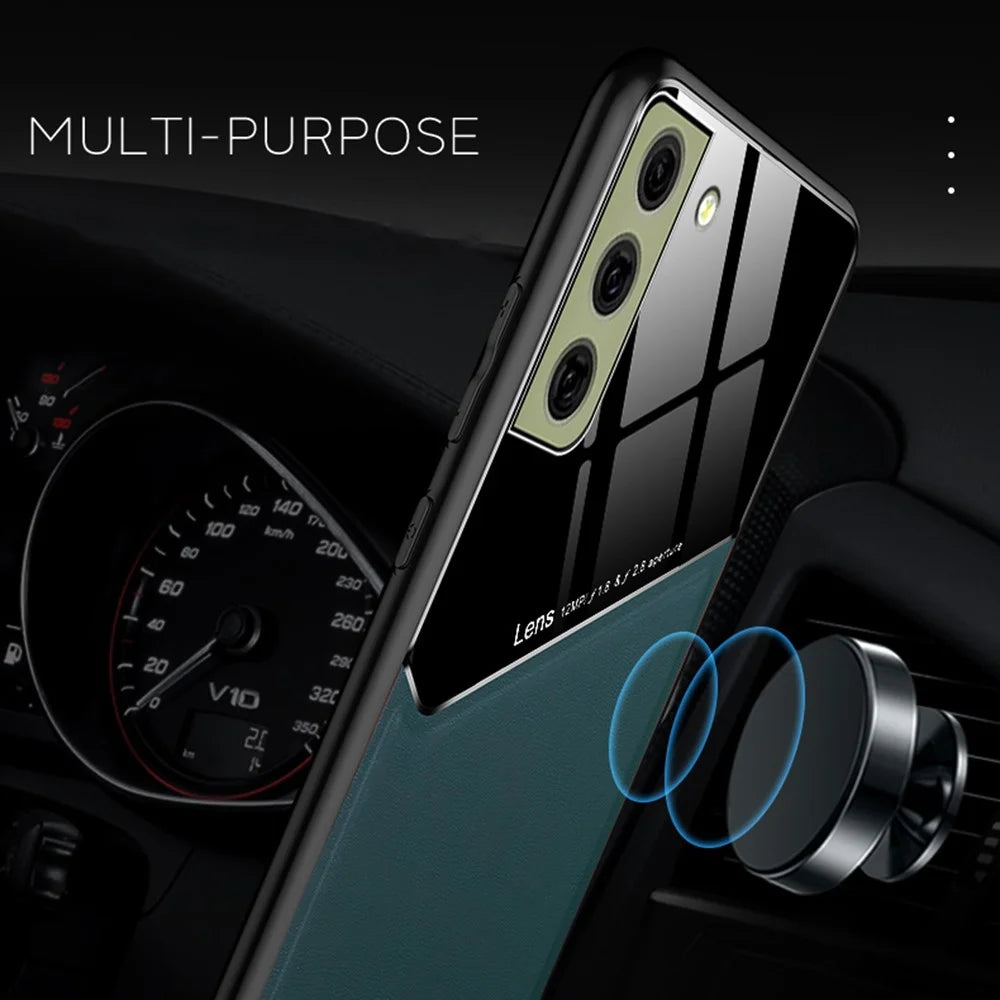 For Samsung Galaxy S21 FE 5G Leather Coated TPU + PC Case Phone Cover with Car Mount Metal Sheet - Orange - 6