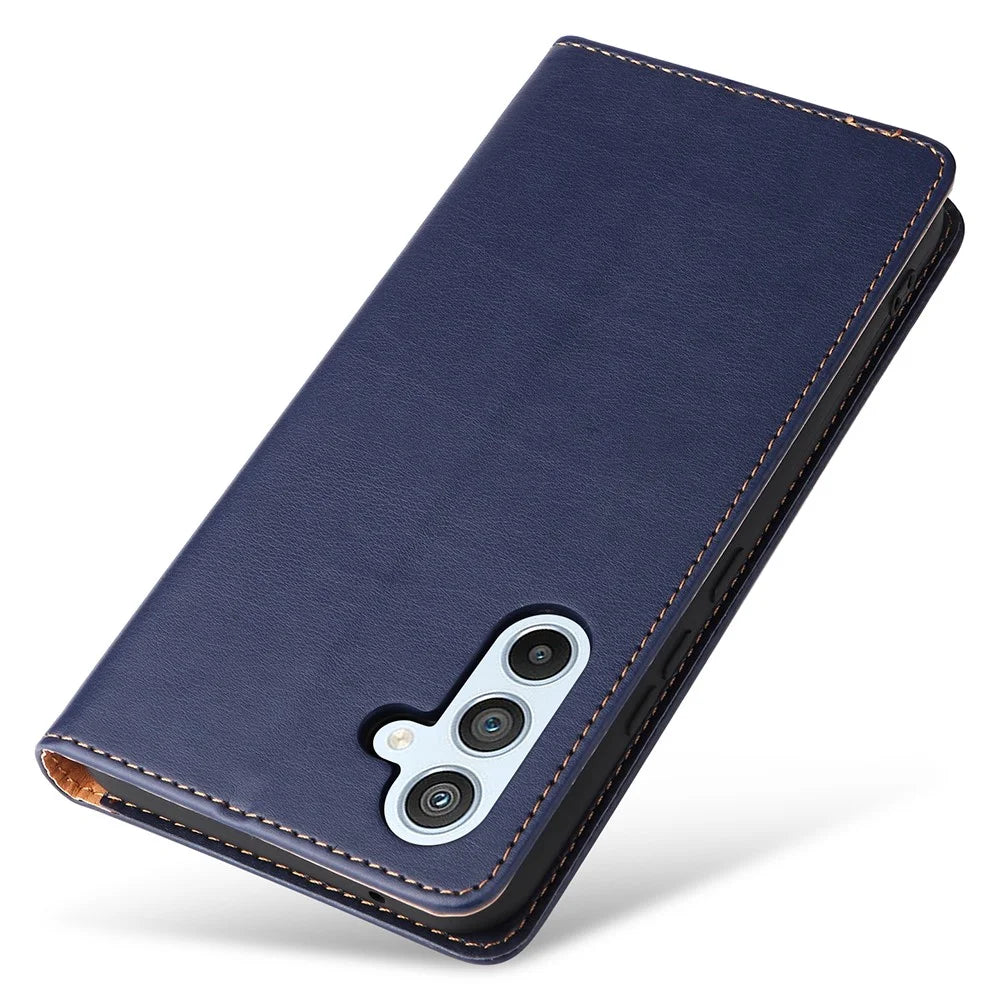 FIERRE SHANN For Samsung Galaxy A54 5G PU Leather Wallet Folding Stand Phone Case Anti-drop Cover - Blue - 5