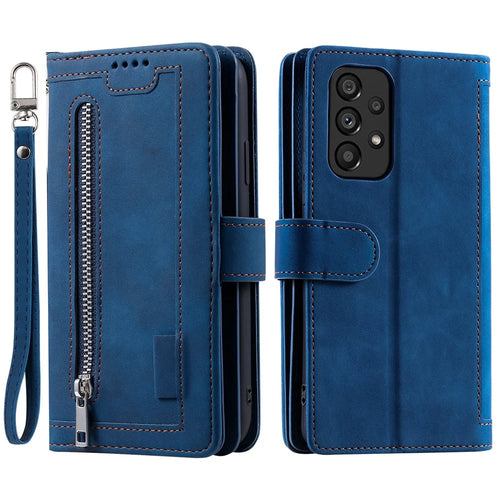 For Samsung Galaxy A53 5G Anti-dust PU Leather Phone Case Zipper Pocket 9 Card Slots Protective Cover - Blue - 1