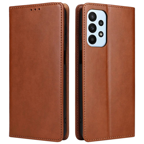 FIERRE SHANN for Samsung Galaxy A23 4G / A23 5G (Global Version) Folding Stand Phone Case PU Leather Wallet Smartphone Cover - Brown - 1