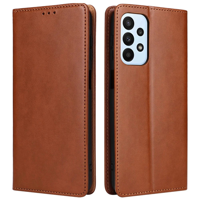 FIERRE SHANN for Samsung Galaxy A23 4G / A23 5G (Global Version) Folding Stand Phone Case PU Leather Wallet Smartphone Cover - Brown - 1