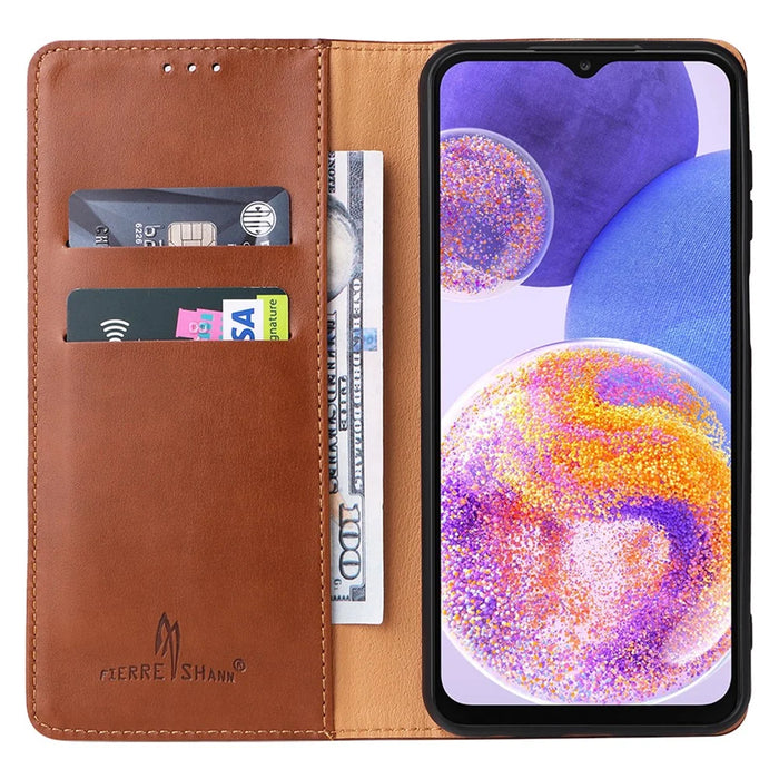 FIERRE SHANN for Samsung Galaxy A23 4G / A23 5G (Global Version) Folding Stand Phone Case PU Leather Wallet Smartphone Cover - Brown - 2