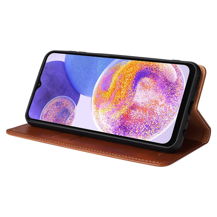 FIERRE SHANN for Samsung Galaxy A23 4G / A23 5G (Global Version) Folding Stand Phone Case PU Leather Wallet Smartphone Cover - Brown - 3