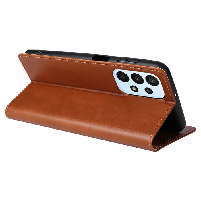 FIERRE SHANN for Samsung Galaxy A23 4G / A23 5G (Global Version) Folding Stand Phone Case PU Leather Wallet Smartphone Cover - Brown - 4