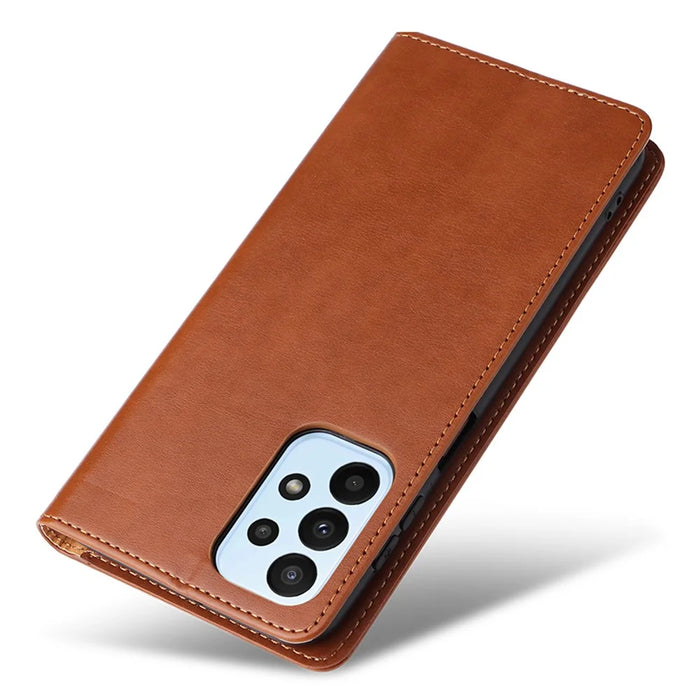 FIERRE SHANN for Samsung Galaxy A23 4G / A23 5G (Global Version) Folding Stand Phone Case PU Leather Wallet Smartphone Cover - Brown - 6