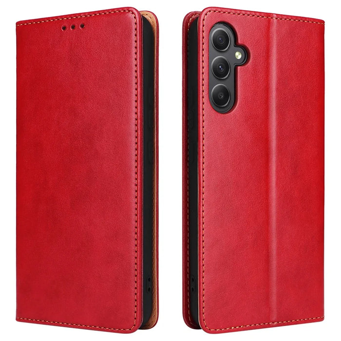 FIERRE SHANN For Samsung Galaxy A34 5G PU Leather Wallet Shockproof Cover Flip Stand Phone Case - Red - 1