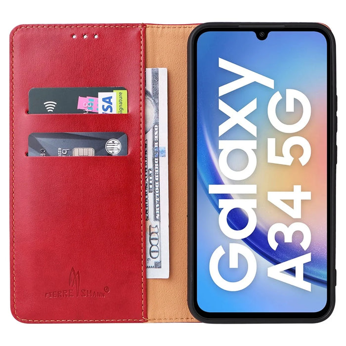 FIERRE SHANN For Samsung Galaxy A34 5G PU Leather Wallet Shockproof Cover Flip Stand Phone Case - Red - 2